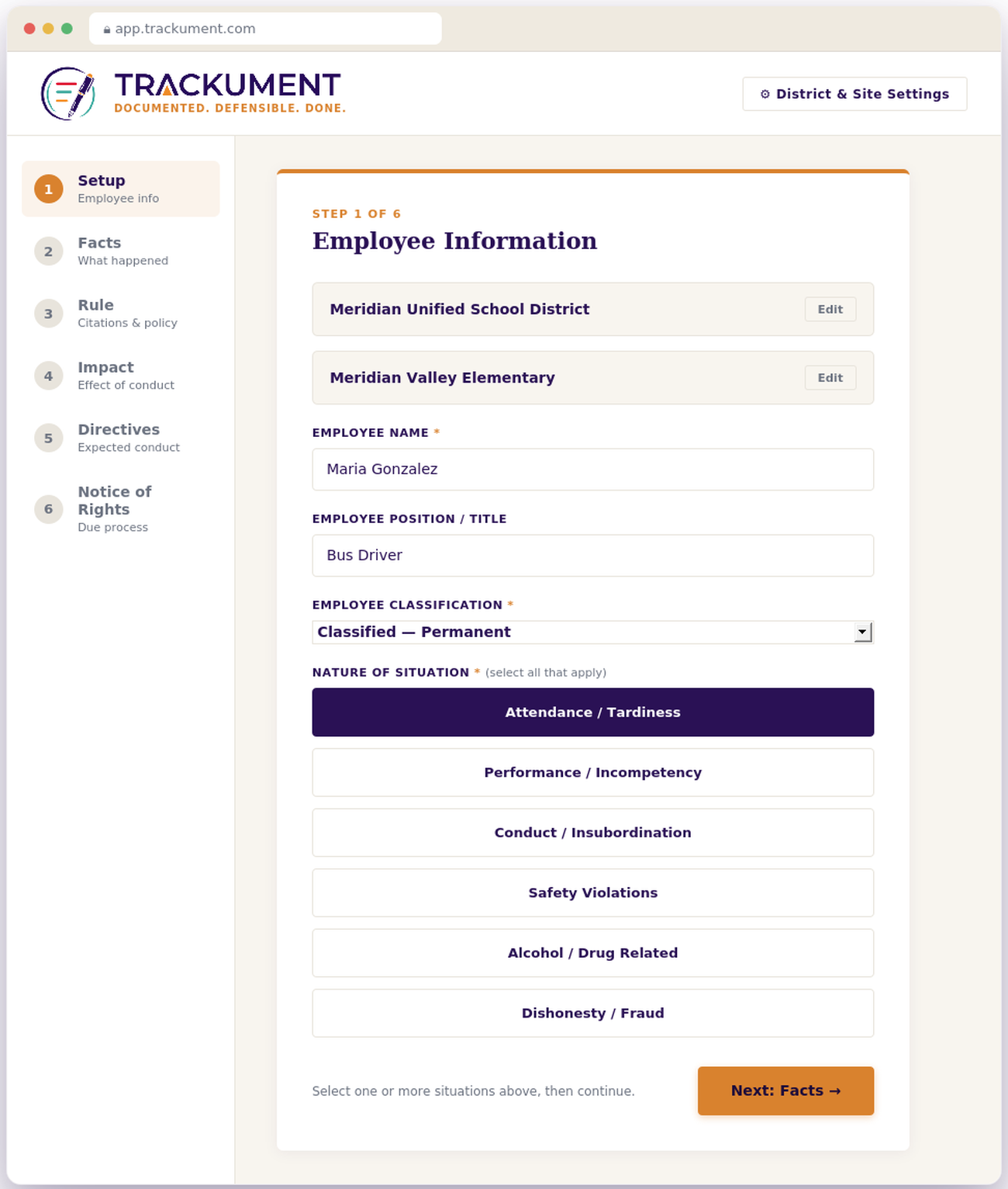 Trackument app: Employee Information setup step